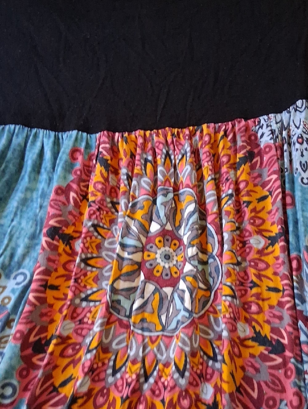 Black Bodice Maxi Dress with Blue Floral Medallion Skirt - Picture 3 of 8